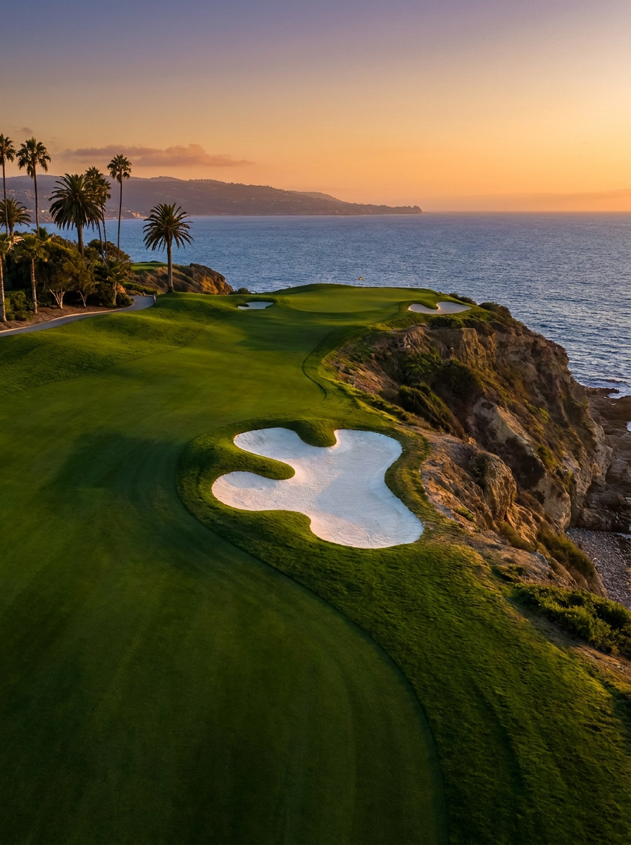 Golf hole overlooking the sea at sunset