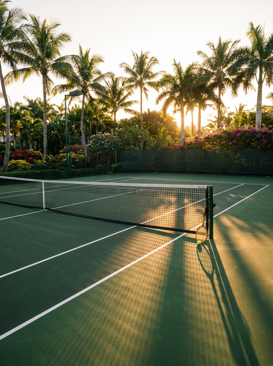 Resort tennis court framed by palm trees