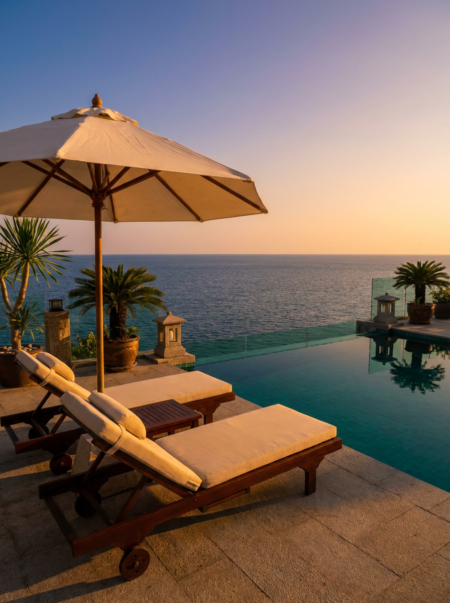 Resort terrace with sun loungers at sunset